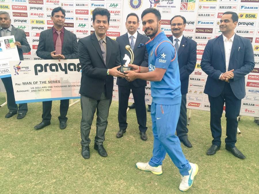 India overcame the last-minute blues to pip Zimbabwe by three runs in the third and final T20 International and pocket the series 2-1 at the Harare Sports Club on Wednesday. India,India v Zimbabwe,India beat Zimbabwe,T20I,India edge out Zimbabwe by 3 runs,Dhoni,Sran,T20 International,Elton Chigumbura,Kedar Jadhav