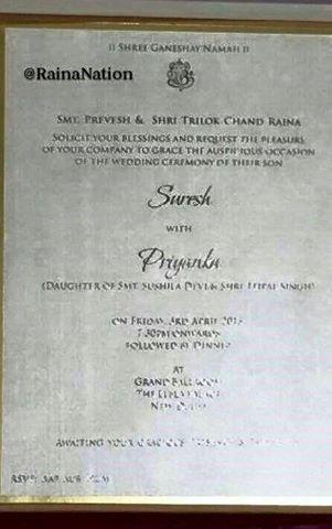 Cricketer Suresh Raina Marriage Invitation Card Suresh Raina,cricket player Suresh Raina,Suresh Raina marriage photos,Suresh Raina engagement pics,Suresh Raina weds Priyanka Chaudhary,Priyanka Chaudhary,suresh raina wife Priyanka Chaudhary