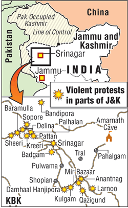 Map on Violent protests in parts of J&K Jammu and Kashmir,Jammu & Kashmir,Hizbul Mujahideen,hizbul mujahideen burhan wani,Hizbul commander,Burhan Hizbul Mujahideen,Hizbul terrorist,protest