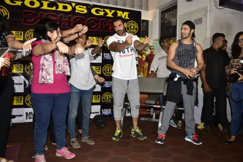 John Abraham and Varun Dhawan, both known for their fitness and physique rather had a fun interaction with the Ladies from the media world. John Abraham,Varun Dhawan,John Abraham and Varun Dhawan,Dishoom promotions,Dishoom movie promotions,John and Varun,bollywood movie Dishoom,Dishoom promotion pics,Dishoom promotion images,Dishoom promotion photos,Dishoom promotion stills,Dishoom promotion