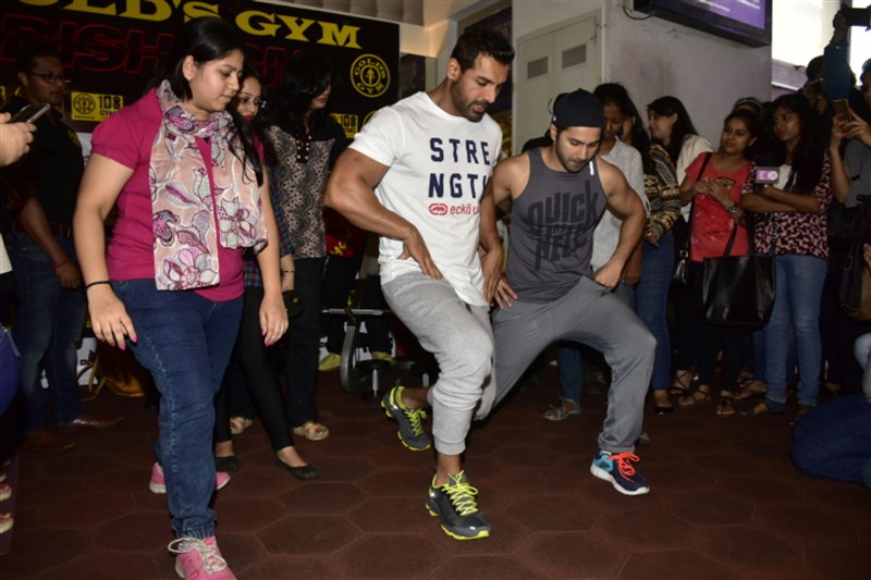 John Abraham and Varun Dhawan, both known for their fitness and physique rather had a fun interaction with the Ladies from the media world. John Abraham,Varun Dhawan,John Abraham and Varun Dhawan,Dishoom promotions,Dishoom movie promotions,John and Varun,bollywood movie Dishoom,Dishoom promotion pics,Dishoom promotion images,Dishoom promotion photos,Dishoom promotion stills,Dishoom promotion
