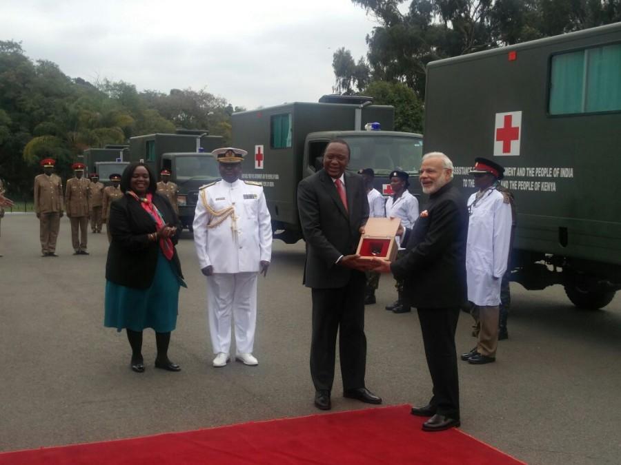 In a bid to boost India-Kenya defence partnership, Prime Minister Narendra Modi on Monday handed over the keys of 30 field ambulances to Kenyan President Uhuru Kenyatta. India gifts 30 field ambulances to Kenya,India gifts ambulances to Kenya,ambulances,Narendra Modi,Prime Minister Narendra Modi,India-Kenya,Kenyan President Uhuru Kenyatta,Uhuru Kenyatta,Modi,Modi in Kenya