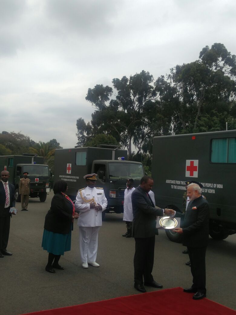In a bid to boost India-Kenya defence partnership, Prime Minister Narendra Modi on Monday handed over the keys of 30 field ambulances to Kenyan President Uhuru Kenyatta. India gifts 30 field ambulances to Kenya,India gifts ambulances to Kenya,ambulances,Narendra Modi,Prime Minister Narendra Modi,India-Kenya,Kenyan President Uhuru Kenyatta,Uhuru Kenyatta,Modi,Modi in Kenya