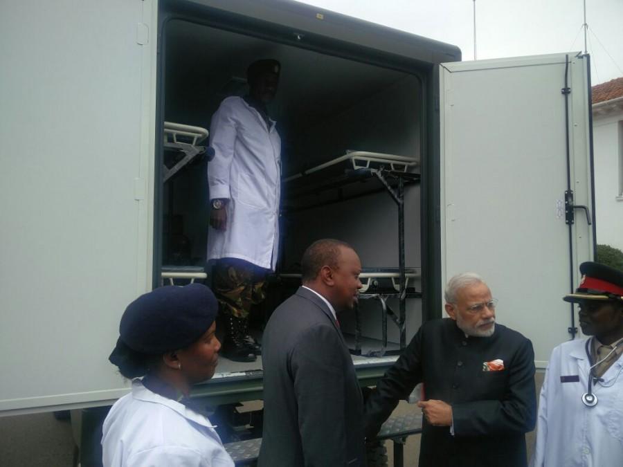 In a bid to boost India-Kenya defence partnership, Prime Minister Narendra Modi on Monday handed over the keys of 30 field ambulances to Kenyan President Uhuru Kenyatta. India gifts 30 field ambulances to Kenya,India gifts ambulances to Kenya,ambulances,Narendra Modi,Prime Minister Narendra Modi,India-Kenya,Kenyan President Uhuru Kenyatta,Uhuru Kenyatta,Modi,Modi in Kenya