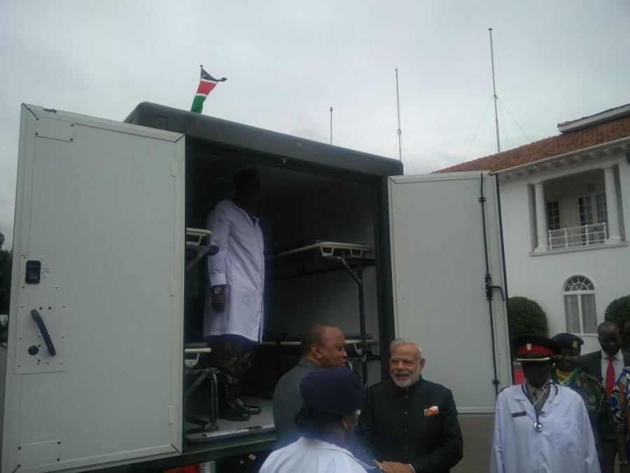 In a bid to boost India-Kenya defence partnership, Prime Minister Narendra Modi on Monday handed over the keys of 30 field ambulances to Kenyan President Uhuru Kenyatta. India gifts 30 field ambulances to Kenya,India gifts ambulances to Kenya,ambulances,Narendra Modi,Prime Minister Narendra Modi,India-Kenya,Kenyan President Uhuru Kenyatta,Uhuru Kenyatta,Modi,Modi in Kenya