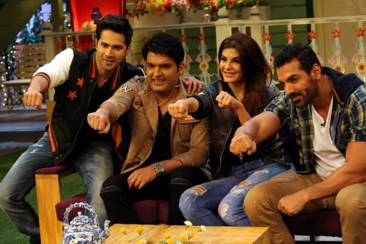 Actors John Abraham, Varun Dhawan and Jacqueline Fernandez were seen having a gala time on the sets of 