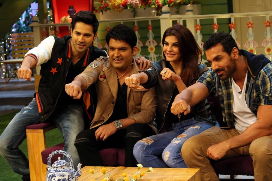 Actors John Abraham, Varun Dhawan and Jacqueline Fernandez were seen having a gala time on the sets of John Abraham,Varun Dhawan,Jacqueline Fernandez,The Kapil Sharma Show,dishoom promotions,Dishoom movie promotions,The Kapil Sharma show,Kapil Sharma