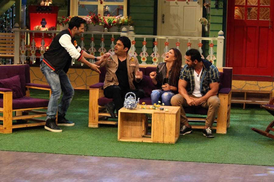 Actors John Abraham, Varun Dhawan and Jacqueline Fernandez were seen having a gala time on the sets of John Abraham,Varun Dhawan,Jacqueline Fernandez,The Kapil Sharma Show,dishoom promotions,Dishoom movie promotions,The Kapil Sharma show,Kapil Sharma