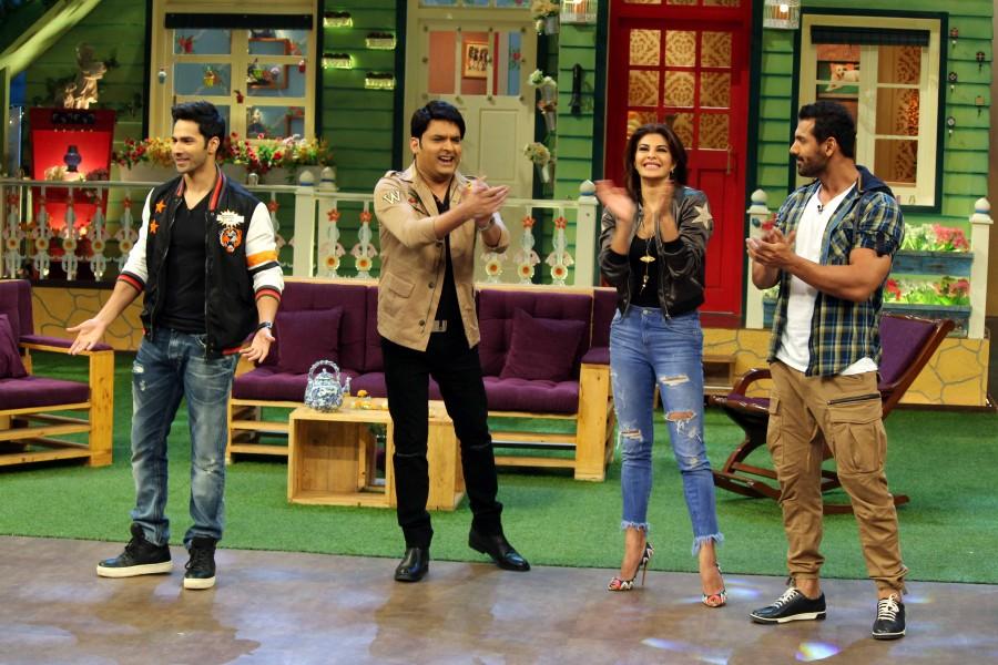 Actors John Abraham, Varun Dhawan and Jacqueline Fernandez were seen having a gala time on the sets of John Abraham,Varun Dhawan,Jacqueline Fernandez,The Kapil Sharma Show,dishoom promotions,Dishoom movie promotions,The Kapil Sharma show,Kapil Sharma