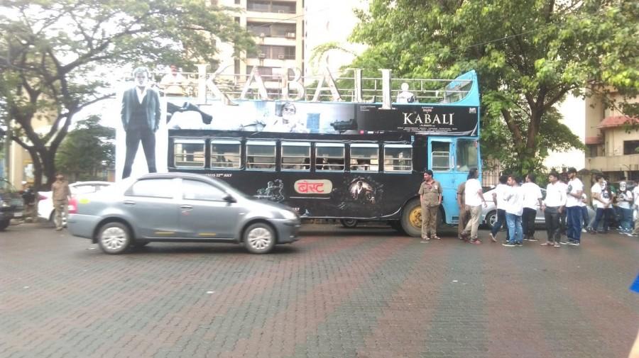The film production team has already launched its on-ground promotions for Kabali,rajinikanth kabali,Kabali release,Kabali fans,Rajinikanth,Rajinikanth fans,Kabali bus,Rajinikanth fans in Mumbai,Kabali in Mumbai,Kabali review,Kabali movie review,Kabali pics,Kabali images,Kabali photos,Kabali stills,Kabali pictures