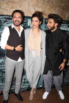Bollywood actor Deepika Padukone and Ranveer Singh at Irrfan Khan's Madaari special screening.