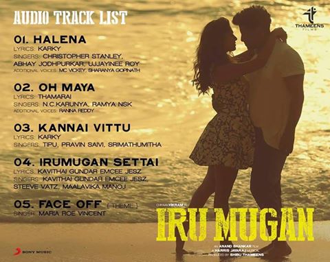 Iru Mugan Track List released. The movie stars The film stars Vikram, Nayantara and Nithya Menen in the lead roles, while Nassar, Thambi Ramaiah, Bala and Karunakaran appear in the supporting role. Iru Mugan,Iru Mugan songs list,Iru Mugan songs,Iru Mugan music,Iru Mugan track list,Vikram,Nayantara,Nithya Menen,Tamil movie Iru Mugan