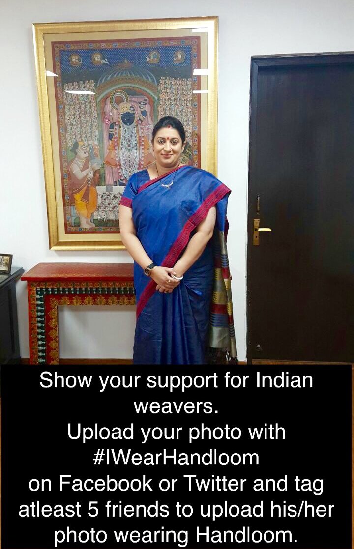 #IWearHandloom: Social media campaign goes viral. National Handloom Day,#IWearHandloom,Textiles Minister Smriti Irani,Smriti Irani,Sunil Sethi,handwoven garments