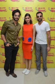 Celebs like Diana Penty, Abhay Deol and Ali Fazal present at Radio Mirchi studio to promote their upcoming film Happy Bhag Jayegi.