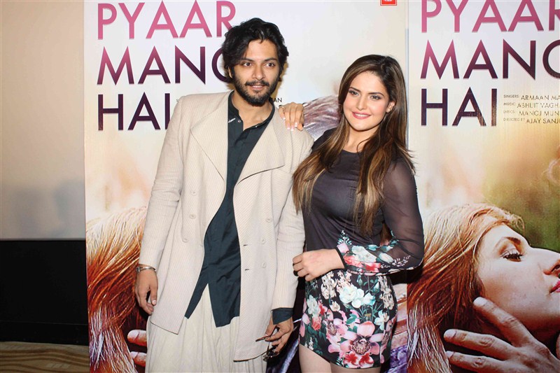 Bollywood singers Armaan Malik, Neeti Mohan, music composer Abhijit Vaghani, lyricist Manoj Muntashir, actors Zareen Khan and Ali Fazal during the launch of song Pyaar Manga Hai. Pyaar Manga Hai,Pyaar Manga Hai song launch,Armaan Malik,Neeti Mohan,Abhijit Vaghani,Manoj Muntashir,Zareen Khan,Ali Fazal,Pyaar Manga Hai song