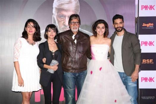 Amitabh Bachchan, Taapsee Pannu, Kirti Kulhari, Andrea Tariang, Angad Bedi at Pink Trailer launch.