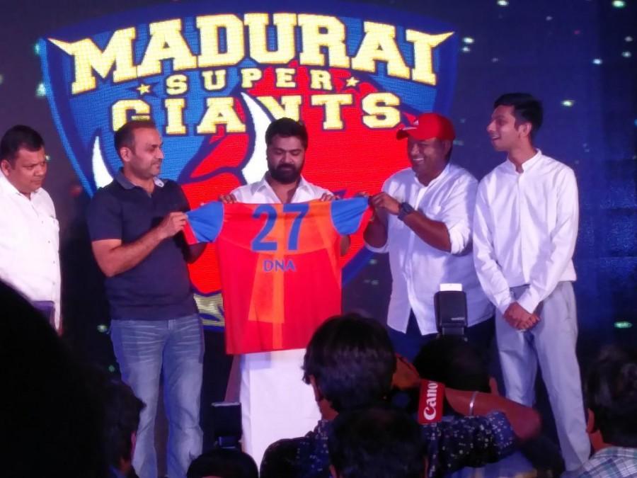 Former Indian opener Virender Sehwag, actor Simbu, Anirudh, unveil Madurai Supergiants Jersey. Madurai Supergiants,Madurai Supergiants Jersey,Virender Sehwag,Simbu,Anirudh,Anirudh Ravichander,Madurai Supergiants Jersey launch,Madurai Supergiants Team