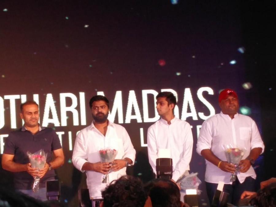 Former Indian opener Virender Sehwag, actor Simbu, Anirudh, unveil Madurai Supergiants Jersey. Madurai Supergiants,Madurai Supergiants Jersey,Virender Sehwag,Simbu,Anirudh,Anirudh Ravichander,Madurai Supergiants Jersey launch,Madurai Supergiants Team