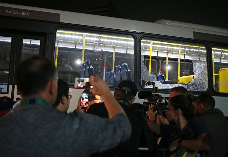 An Olympic media shuttle bus was attacked on the way back to Barra Olympic park here on Tuesday as one of its windows was broken. Olympic media bus attacked,Olympic bus attacked,Barra Olympic park,Rio,Rio Olympic attack,Rio Olympic 2016,Olympic media