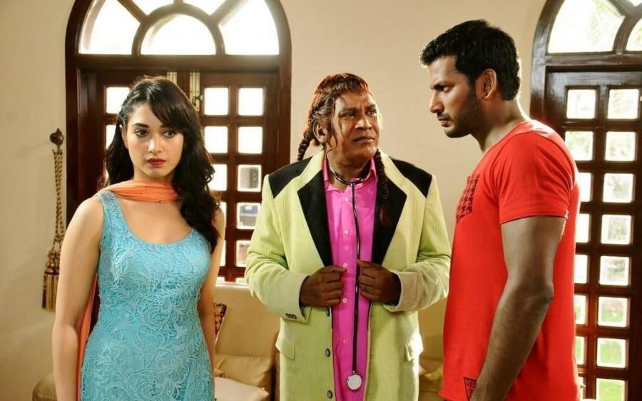 Kaththi Sandai is an upcoming Tamil action masala film written and directed by Suraj and produced by S. Nandagopal and Vishal under the Madras Enterprises banner. The film stars Vishal and Tamannaah in the lead role, while Jagapati Babu, Tarun Arora, Vadivelu, Soori, Sampath Raj and Balaji appears in the supporting role. Kaththi Sandai,Kaththi Sandai stills,Vishal,Tamannaah,Vadivelu,Kaththi Sandai movie stills,Kaththi Sandai movie pics,Kaththi Sandai movie images,Kaththi Sandai movie photos,Kaththi Sandai movie pictures