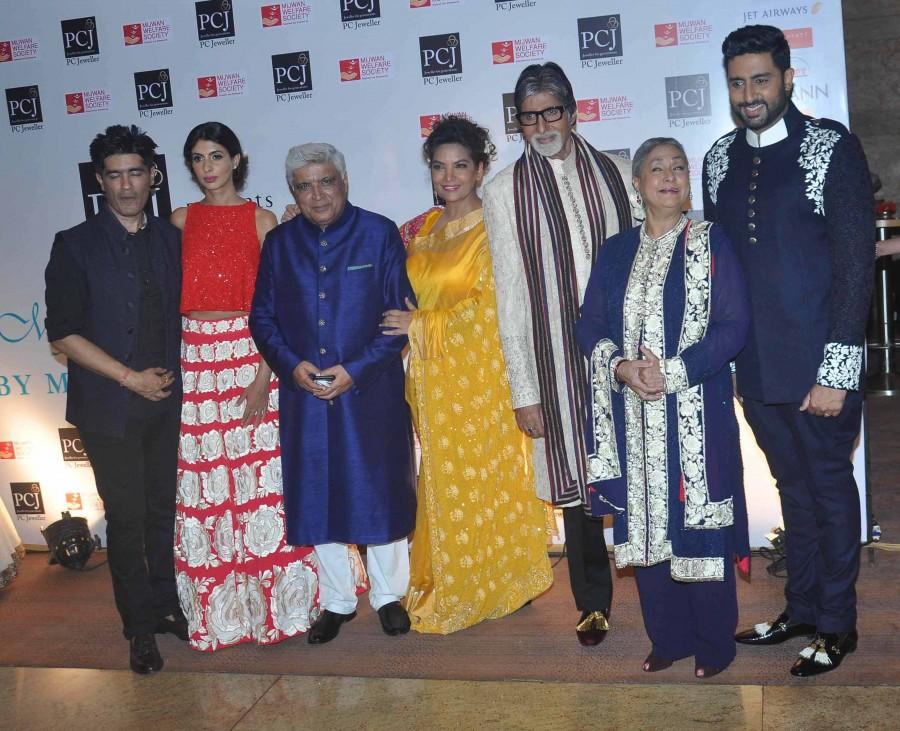 Bachchans with Manish Malhotra, Javed Akhtar and Shabana Azmi Mijwan 2015,Sonam Kapoor,Sonakshi Sinha,abhishek bachchan,Amitabh Bachchan,shabana azmi,manish malhotra,fashion show,photos