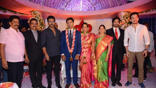 Producer DVV Danayya's daughter wedding reception held in Hyderabad. Celebs like Ram Charan, Nani, Allari Naresh, SS Rajamouli, Akhil Akkineni, Raashi Khanna, Rakul Preet Singh, VV Vinayak, Trivikram Srinivas, Dasari Narayana Rao, Harish Shankar, Kortala Siva, Jaya Prakash Reddy, Kota Srinivas Rao, Kona Venkat, Chalapathi Rao, Bellamkonda Suresh, S Radha Krishna and others graced the event.