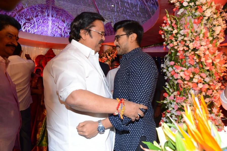 Producer DVV Danayya's daughter wedding reception held in Hyderabad. Celebs like Ram Charan, Nani, Allari Naresh, SS Rajamouli, Akhil Akkineni, Raashi Khanna, Rakul Preet Singh, VV Vinayak, Trivikram Srinivas, Dasari Narayana Rao, Harish Shankar, Kortala Siva, Jaya Prakash Reddy, Kota Srinivas Rao, Kona Venkat, Chalapathi Rao, Bellamkonda Suresh, S Radha Krishna and others graced the event. Ram Charan,Nani,Allari Naresh,SS Rajamouli,Akhil Akkineni,Raashi Khanna,Rakul Preet Singh,VV Vinayak,Trivikram Srinivas,Dasari Narayana Rao,DVV Danayya's daughter wedding reception,DVV Danayya