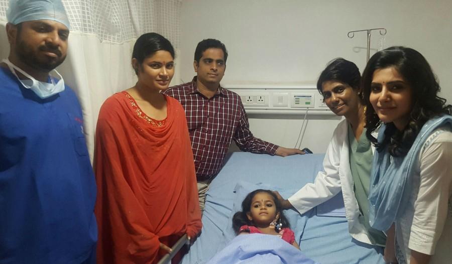 South Indian actress Samantha Ruth Prabhu meets J.C.G Bhavani (Chandhini), 5yr old girl who lost her left leg in a road accident when she was 1yr old. Chandini was recently admitted to MaxCure Hospitals in Hyderabad for a disarticulation which enable her to walk using an artificial limb. Samantha meets Bhavani,Samantha meets Chandhini,Samantha Ruth Prabhu,Samantha latest pics,Samantha latest images,Samantha latest photos,Samantha latest stills,Samantha latest pictures