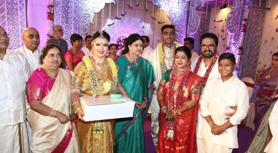 Actress Radhika Sarathkumar's daughter Rayanne Hardy and Abhimanyu Mithun Wedding held in Chennai on Aug 28. Celebs like Suriya, Jyothika, Vijay, Chiyaan Vikram, Chiranjeevi, Prabhu, Ramki, Kalpathi S. Aghoram, P Bharathiraja, Suhasini Manirathnam, Archana Kalpathi, K Bhagyaraj, Sasikala Natarajan, Vairamuthu, Poornima, Vadivukarasi, AVM Saravanan, Gayathri Raguram, Vidyullekha Raman, Uma Padmanabhan, Nina Reddy, Sripriya, Preetha Hari, Radha, Rajkumar Sethupathy, Dhansika, Ambika, Sanjana, Nikki Galrani, Rajasekhar, Jeevitha, V. Narayanasamy, KT Kunjumon, Keerthy Suresh, Senthil, P Vasu, Arjun, Jeeva, Shankar, Aishwarya, A Venkatesh and others wished the couples. Suriya,Jyothika,Sasikala Natarajan,Puneeth Rajkumar,Rayanne Hardy Marriage,Rayanne Hardy wedding,Vijay,Chiyaan Vikram,Chiranjeevi,Prabhu,Ramki,K Bhagyaraj,Sasikala Natarajan,Vairamuthu,Poornima,Vadivukarasi,Gayathri Raguram,Vidyullekha Raman,Uma Padmanabh