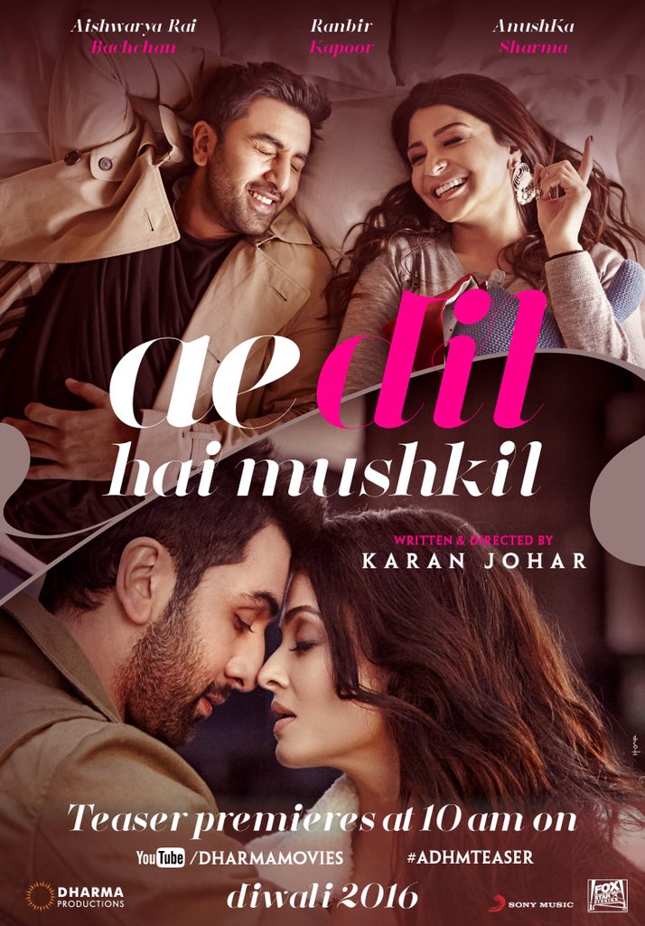 Ae Dil Hai Mushkil is an upcoming Bollywood romantic drama film written, directed and produced by Karan Johar under the Dharma Productions banner. The film stars Ranbir Kapoor, Aishwarya Rai Bachchan and Anushka Sharma in the lead role, while Lisa Haydon appears in the supporting role. Ae Dil Hai Mushkil,Ae Dil Hai Mushkil first look,Ae Dil Hai Mushkil poster,Ae Dil Hai Mushkil first look poster,Ranbir Kapoor,Aishwarya Rai Bachchan,Anushka Sharma,Ae Dil Hai Mushkil stills,Ae Dil Hai Mushkil pics,Ae Dil Hai Mushkil images,Ae Dil Hai Mush