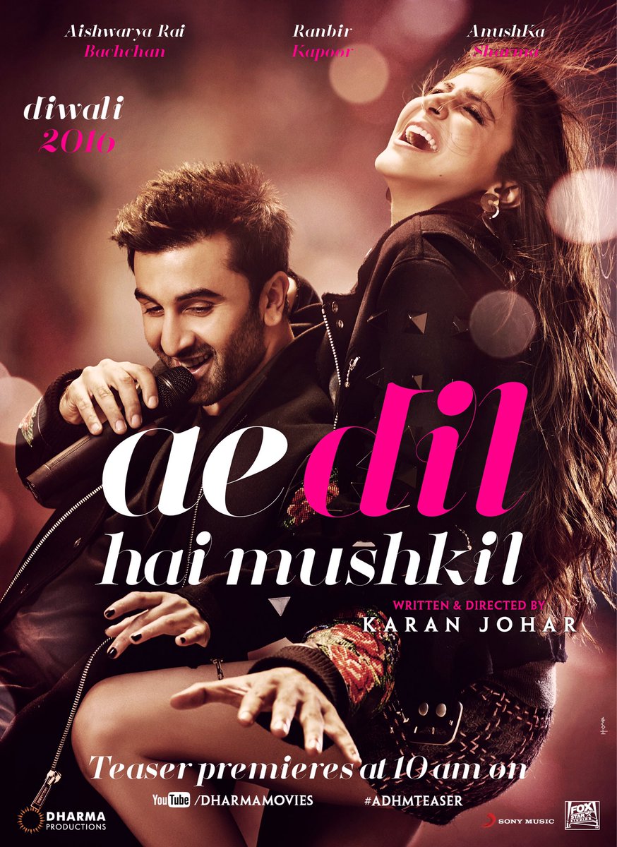 Ae Dil Hai Mushkil is an upcoming Bollywood romantic drama film written, directed and produced by Karan Johar under the Dharma Productions banner. The film stars Ranbir Kapoor, Aishwarya Rai Bachchan and Anushka Sharma in the lead role, while Lisa Haydon appears in the supporting role. Ae Dil Hai Mushkil,Ae Dil Hai Mushkil first look,Ae Dil Hai Mushkil poster,Ae Dil Hai Mushkil first look poster,Ranbir Kapoor,Aishwarya Rai Bachchan,Anushka Sharma,Ae Dil Hai Mushkil stills,Ae Dil Hai Mushkil pics,Ae Dil Hai Mushkil images,Ae Dil Hai Mush