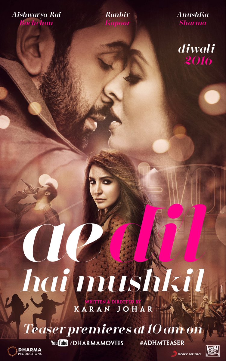 Ae Dil Hai Mushkil is an upcoming Bollywood romantic drama film written, directed and produced by Karan Johar under the Dharma Productions banner. The film stars Ranbir Kapoor, Aishwarya Rai Bachchan and Anushka Sharma in the lead role, while Lisa Haydon appears in the supporting role. Ae Dil Hai Mushkil,Ae Dil Hai Mushkil first look,Ae Dil Hai Mushkil poster,Ae Dil Hai Mushkil first look poster,Ranbir Kapoor,Aishwarya Rai Bachchan,Anushka Sharma,Ae Dil Hai Mushkil stills,Ae Dil Hai Mushkil pics,Ae Dil Hai Mushkil images,Ae Dil Hai Mush