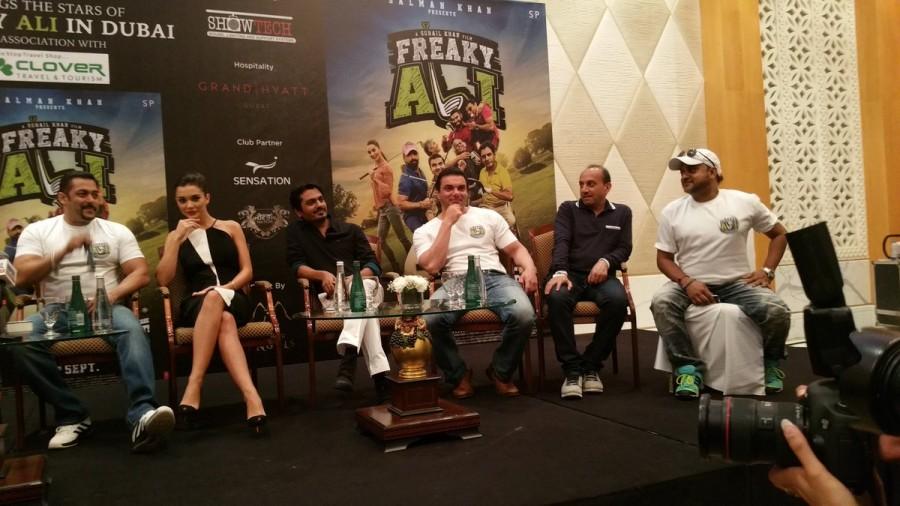 Bollywood actor Salman Khan, Nawazuddin Siddiqui and Actress Amy Jackson promote 'Freaky Ali' in Dubai. Freaky Ali,Freaky Ali in Dubai,Salman Khan,Amy Jackson,Salman Khan and Amy Jackson,Freaky Ali promotion,Freaky Ali movie promotion