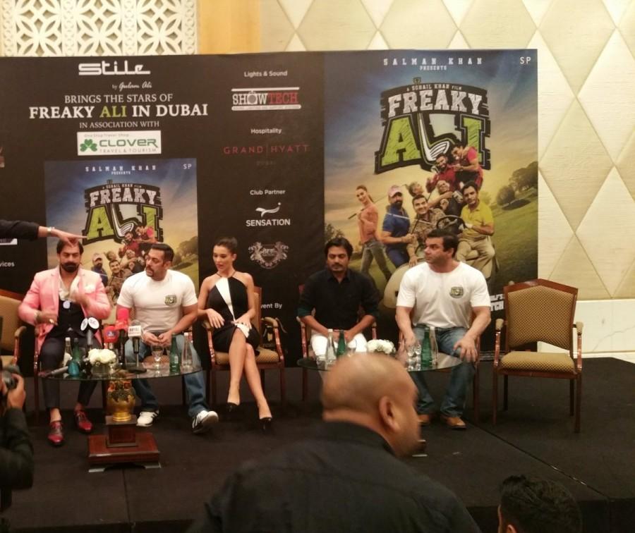 Bollywood actor Salman Khan, Nawazuddin Siddiqui and Actress Amy Jackson promote 'Freaky Ali' in Dubai. Freaky Ali,Freaky Ali in Dubai,Salman Khan,Amy Jackson,Salman Khan and Amy Jackson,Freaky Ali promotion,Freaky Ali movie promotion