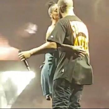 Rapper Drake and singer Rihanna confirmed their romance by kissing on stage during a performance here.