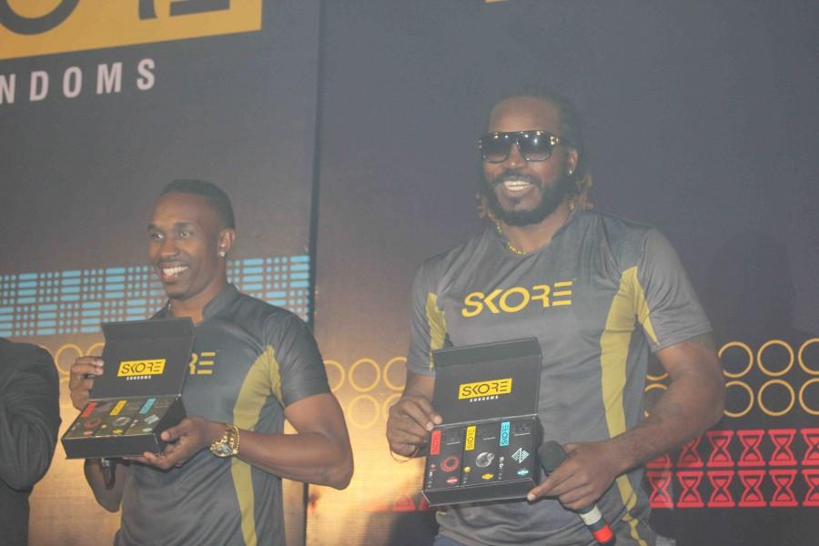 West Indies cricket players Chris Gayle and Dwayne Bravo launch Skore champion series condoms. Chris Gayle and Dwayne Bravo,Chris Gayle,Dwayne Bravo,Chris Gayle launches condoms,Dwayne Bravo launches condoms,condoms,Skore champion series condoms