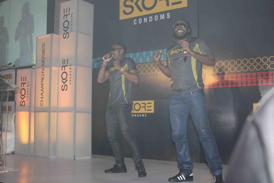 West Indies cricket players Chris Gayle and Dwayne Bravo launch Skore champion series condoms. Chris Gayle and Dwayne Bravo,Chris Gayle,Dwayne Bravo,Chris Gayle launches condoms,Dwayne Bravo launches condoms,condoms,Skore champion series condoms