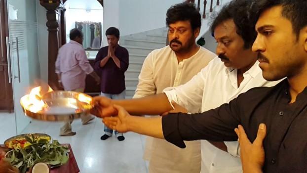 Megastar Chiranjeevi, Ram Charan and V. V. Vinayak celebrate Ganesh Festival on Khaidi no 150 Set.