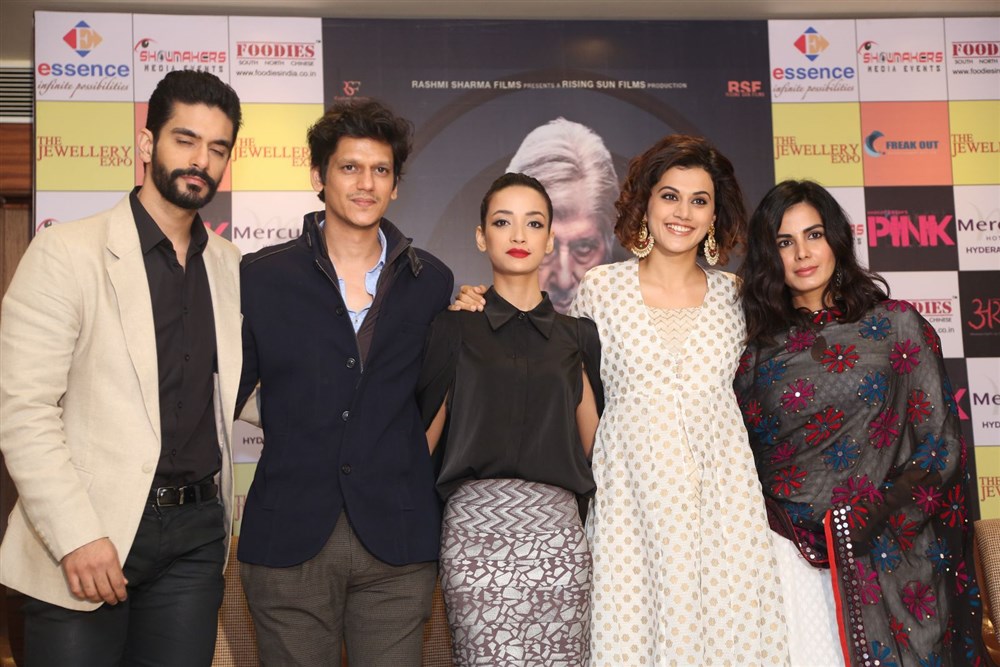 Bollywood movie 'Pink' Press meet held at Hyderabad. Actress Taapsee Pannu, Kirti Kulhari, Angad Bedi and others graced the event. Pink Press Meet,Pink,bollywood movie Pink,Taapsee Pannu,Kirti Kulhari,Pink Press Meet pics,Pink Press Meet images,Pink Press Meet photos,Pink Press Meet stills,Pink Press Meet pictures