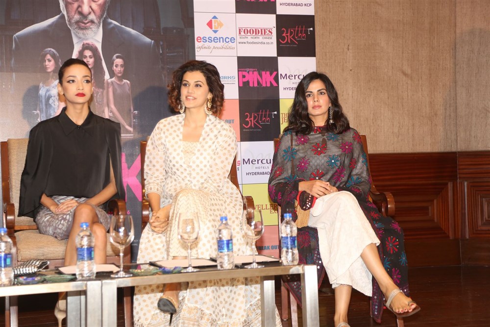 Bollywood movie 'Pink' Press meet held at Hyderabad. Actress Taapsee Pannu, Kirti Kulhari, Angad Bedi and others graced the event. Pink Press Meet,Pink,bollywood movie Pink,Taapsee Pannu,Kirti Kulhari,Pink Press Meet pics,Pink Press Meet images,Pink Press Meet photos,Pink Press Meet stills,Pink Press Meet pictures