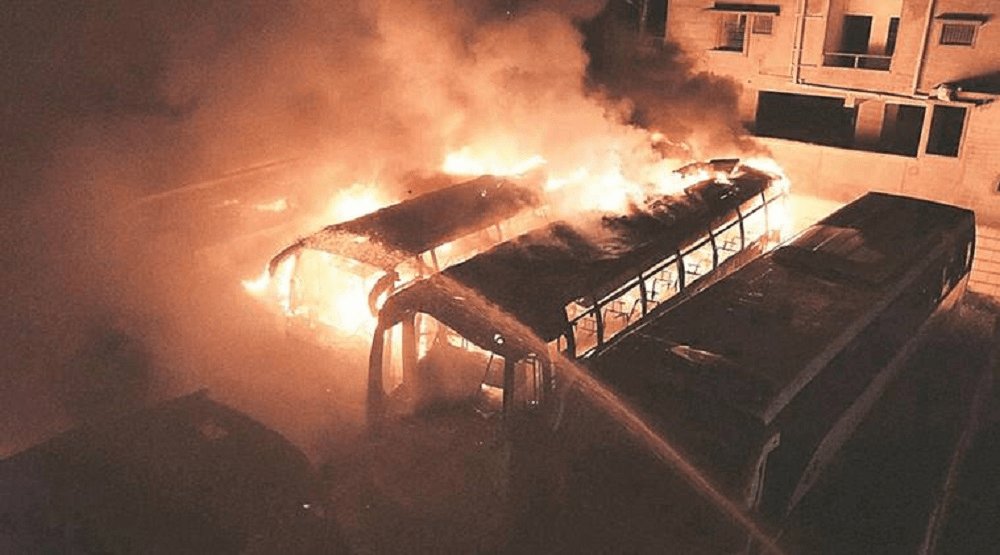 Widespread violence broke out in southern Karnataka on Monday over the apex court order to release Cauvery river water to Tamil Nadu, with angry Kannadiga protesters torching over 30 buses of a Tamil-owned bus depot in Bengaluru. Cauvery water row,Cauvery water,Cauvery water dispute,144 imposed in Bangalore,144 in Bangalore,Bangalore after violence,Kannadiga protesters,Tamil Nadu,Karnataka and Tamil Nadu
