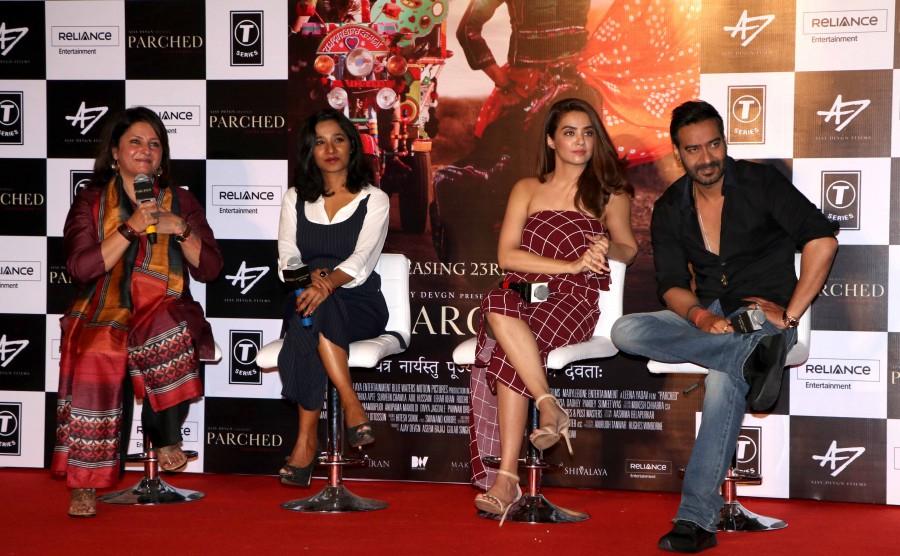 Bollywood actors Ajay Devgn, Surveen Chawla, Tannishtha Chatterjee launch Parched trailer. Ajay Devgan,Tannishtha Chatterjee,Lehar Khan,Parched,Parched press conference,Surveen Chawla,Parched trailer,Parched trailer launch,Parched trailer launch pics,Parched trailer launch images,Parched trailer launch photos,Parched trailer launch stills,Parch