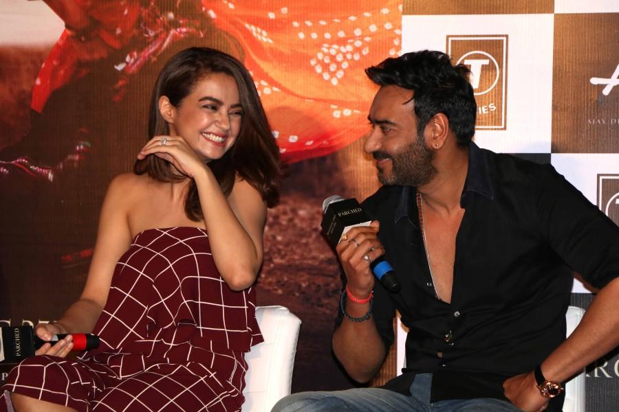Bollywood actors Ajay Devgn, Surveen Chawla, Tannishtha Chatterjee launch Parched trailer. Ajay Devgan,Tannishtha Chatterjee,Lehar Khan,Parched,Parched press conference,Surveen Chawla,Parched trailer,Parched trailer launch,Parched trailer launch pics,Parched trailer launch images,Parched trailer launch photos,Parched trailer launch stills,Parch