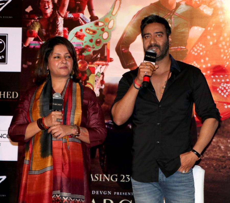 Bollywood actors Ajay Devgn, Surveen Chawla, Tannishtha Chatterjee launch Parched trailer. Ajay Devgan,Tannishtha Chatterjee,Lehar Khan,Parched,Parched press conference,Surveen Chawla,Parched trailer,Parched trailer launch,Parched trailer launch pics,Parched trailer launch images,Parched trailer launch photos,Parched trailer launch stills,Parch