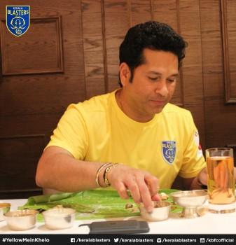 Former Indian opener Sachin Tendulkar celebrates Onam festival with Kerala Blasters team.