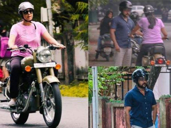 The popular Kollywood couple recently spotted on the roads at the Besant Nagar beach in Chennai, where actor Suriya was seen teaching her wife Jyothika to ride a bike. Suriya even shared some pics of Jothika riding a Royal Enfield bullet on Instagram. Suriya,Jyothika,Suriya and Jyothika,Jyothika riding bullet,Jyothika bullet,actor Suriya,Jothika riding a Royal Enfield bullet