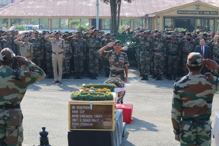 Jammu and Kashmir Chief Minister Mehbooba Mufti lays wreath at the mortal remains of martyrs of Uri terror attack, in Srinagar on Sept 19, 2016. Uri Terror Attack,Uri Terror,Uri Attack,ceremony of martyrs of Uri Terror Attack,ceremony of martyrs,ceremony of Uri Terror Attack,ceremony of Uri Attack,Wreath laying ceremony