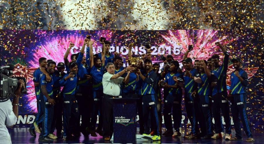 TUTI Patriots celebrate after winning the final match of Tamil Nadu Premier League 2016 against Chepauk Super Gillies in Chennai on Sept 18, 2016. Tuti Patriots,Tuti Patriots wins Title,Chepauk Super Gillies,TNPL final,TNPL 2016,Tuti Patriots beat Chepauk Super Gillies,Tamil Nadu Premier League 2016,Tamil Nadu Premier League