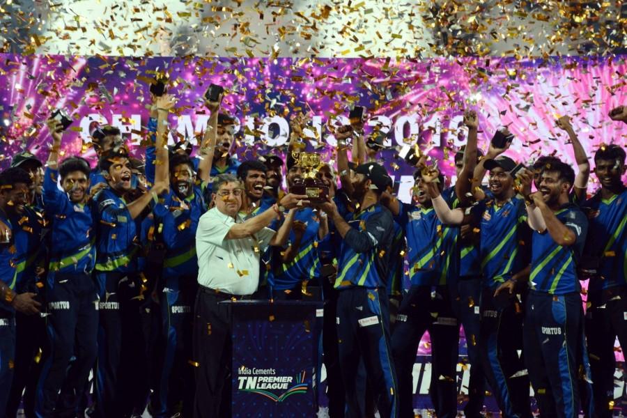 TUTI Patriots celebrate after winning the final match of Tamil Nadu Premier League 2016 against Chepauk Super Gillies in Chennai on Sept 18, 2016. Tuti Patriots,Tuti Patriots wins Title,Chepauk Super Gillies,TNPL final,TNPL 2016,Tuti Patriots beat Chepauk Super Gillies,Tamil Nadu Premier League 2016,Tamil Nadu Premier League