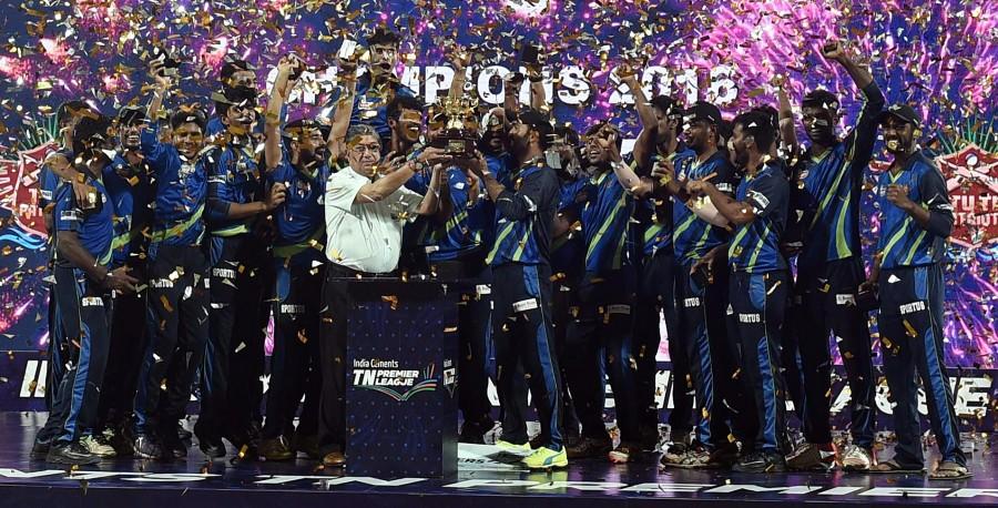TUTI Patriots celebrate after winning the final match of Tamil Nadu Premier League 2016 against Chepauk Super Gillies in Chennai on Sept 18, 2016. Tuti Patriots,Tuti Patriots wins Title,Chepauk Super Gillies,TNPL final,TNPL 2016,Tuti Patriots beat Chepauk Super Gillies,Tamil Nadu Premier League 2016,Tamil Nadu Premier League